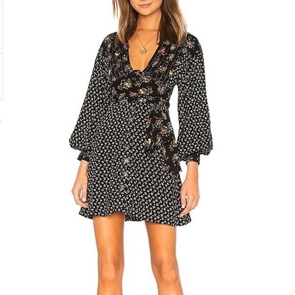 Free People black floral mixed print long sleeve mini dress Size Small - Picture 2 of 8